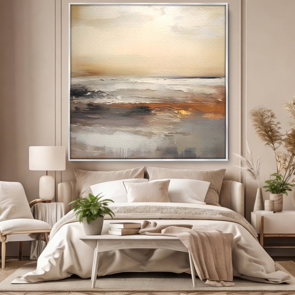 Tablou canvas cu pictura abstracta cu peisaj marin, in rama de aluminiu argintiu, pe perete intr-un dormitor